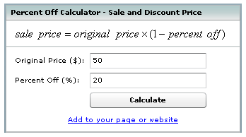 Sale Discount Equations Formulas Calculator - Percent Off Percentage